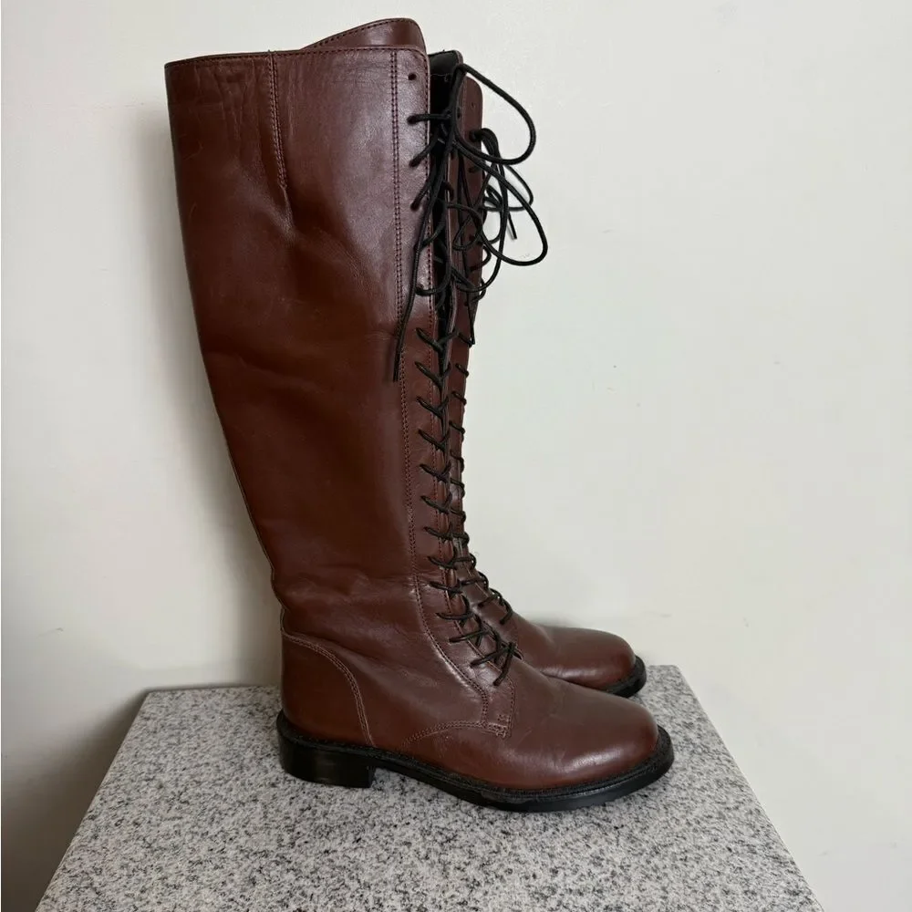 SAM EDELMAN Womens Tall Brown Logo Nance Round Toe Block Heel Leather Boots 5